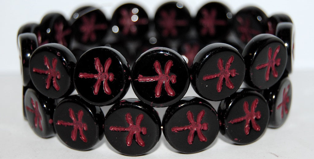 Round Flat Wit Dragonfly Pressed Glass Beads, Black 46490 (23980 46490), Glass, Czech Republic