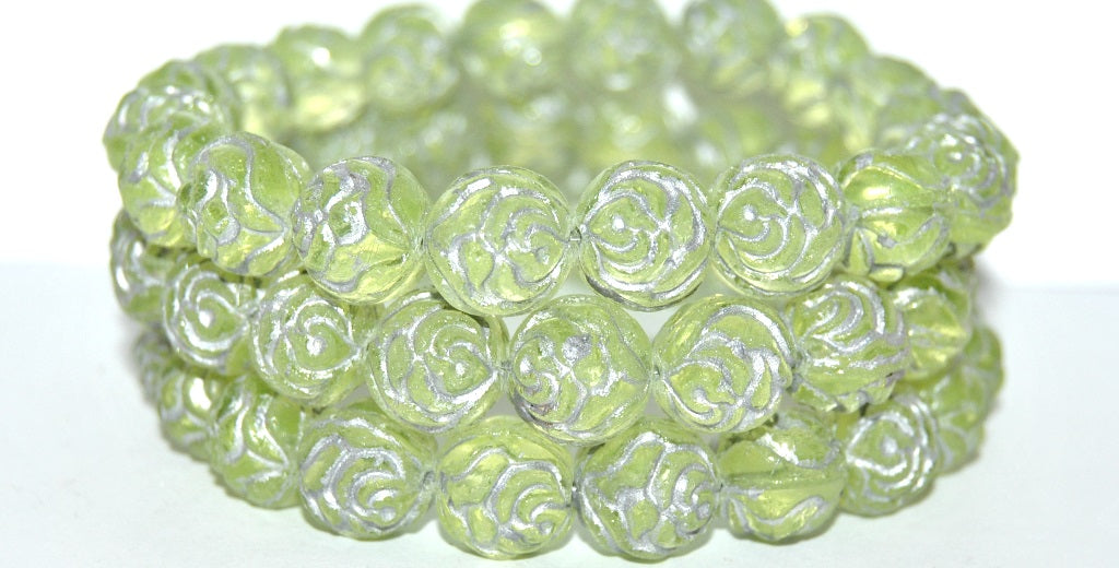 Round Rose Pressed Glass Beads, Transparent Yellow 54201 Uranium (80130 54201 Uranium), Glass, Czech Republic