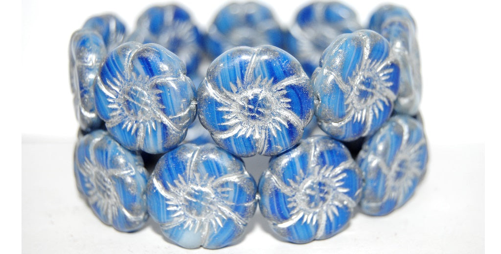 6-Petal Flower Pressed Glass Beads, Opaque White Blue Striped 54201 (35000 54201), Glass, Czech Republic