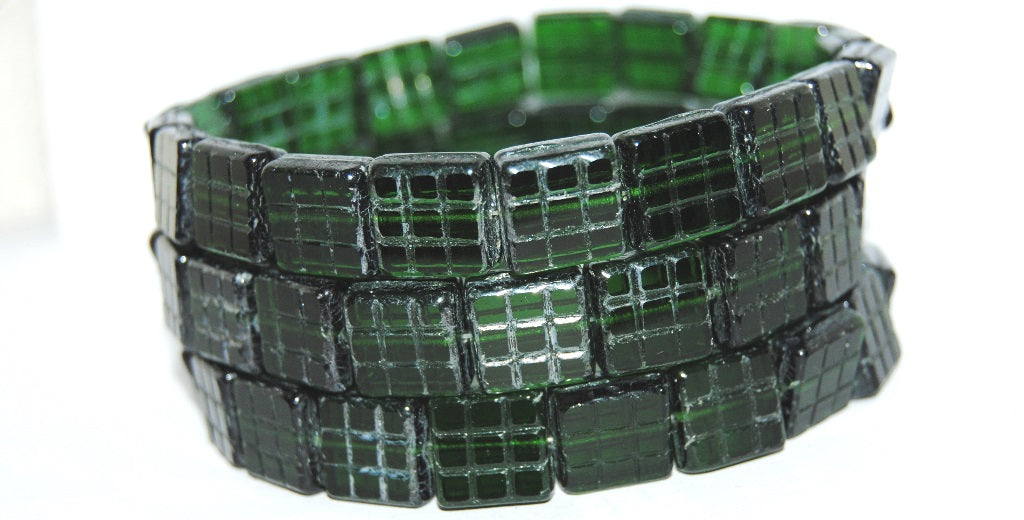 Table Cut Square Beads With Grid, Transparent Green Emerald Hematite (50150 14400), Glass, Czech Republic