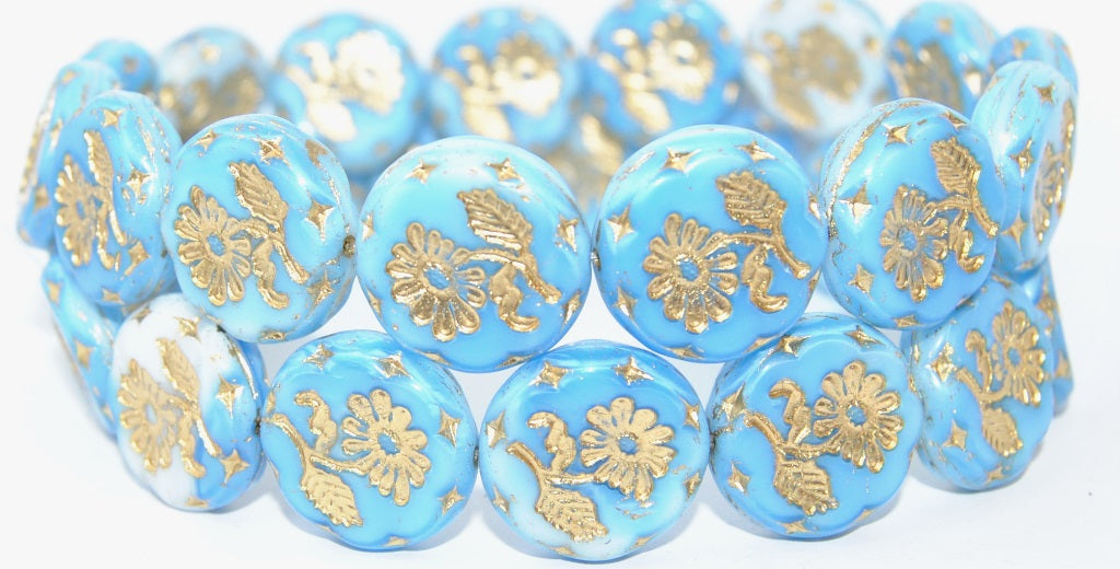 Round Flat With Flower Marguerite Pressed Glass Beads, (7624 54202), Glass, Czech Republic