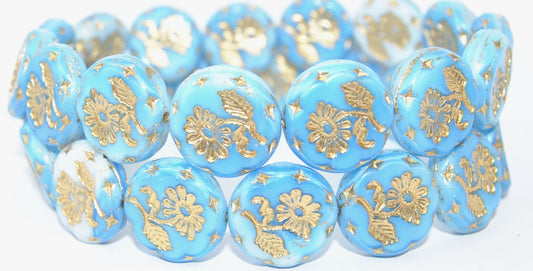 Round Flat With Flower Marguerite Pressed Glass Beads, (7624 54202), Glass, Czech Republic
