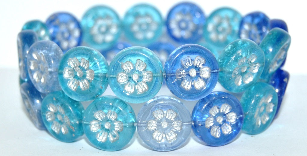 Round Flat With 6-Petal Flower Pressed Glass Beads, Blue Mixed Colors 54201 (Blue Mix 54201), Glass, Czech Republic