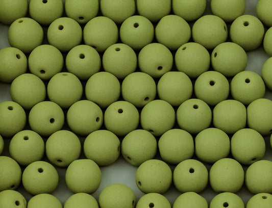 Round Druck Pressed Beads Olive Silk (29582), Glass, Czech Republic