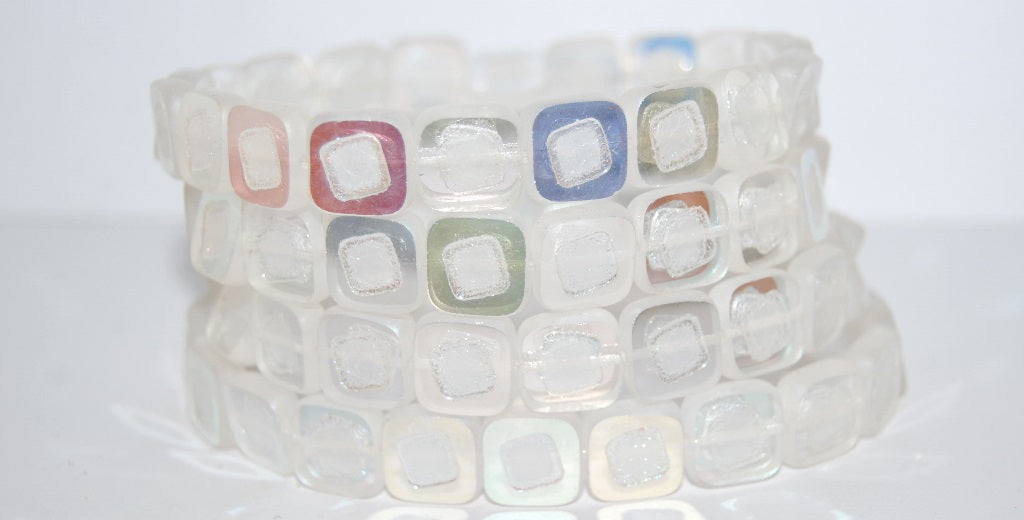 Table Cut Square Beads With Turned Square, Crystal Ab (30 Ab), Glass, Czech Republic