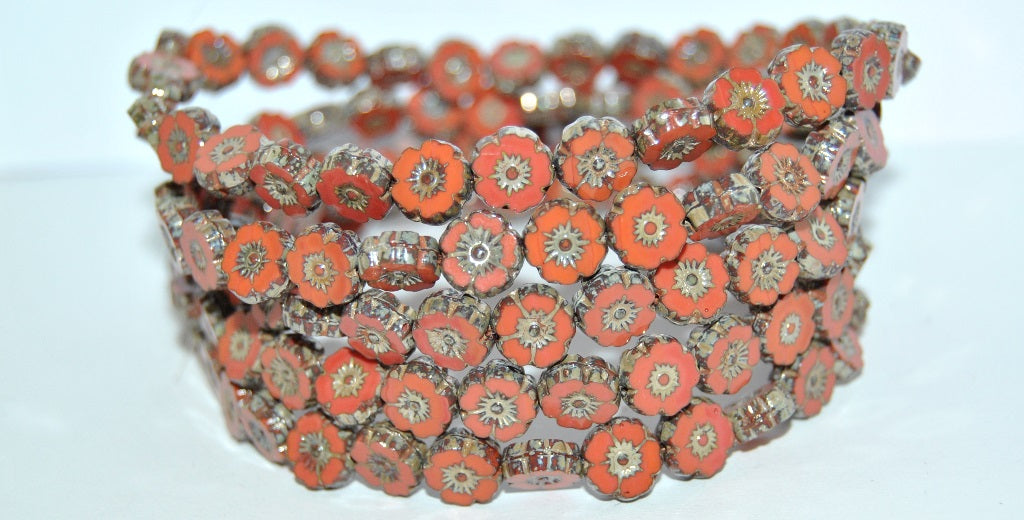 Table Cut Round Beads Hawaii Flowers, Red 43400 (93400 43400), Glass, Czech Republic