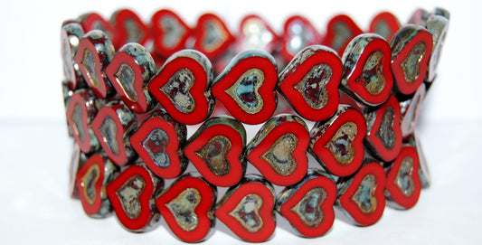 Table Cut Heart Beads With Heart, Opaque Red 43400 (93200 43400), Glass, Czech Republic