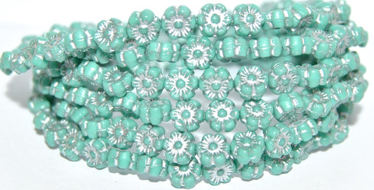 Hawaii Flower Pressed Glass Beads, Turquoise 54201 (63130 54201), Glass, Czech Republic