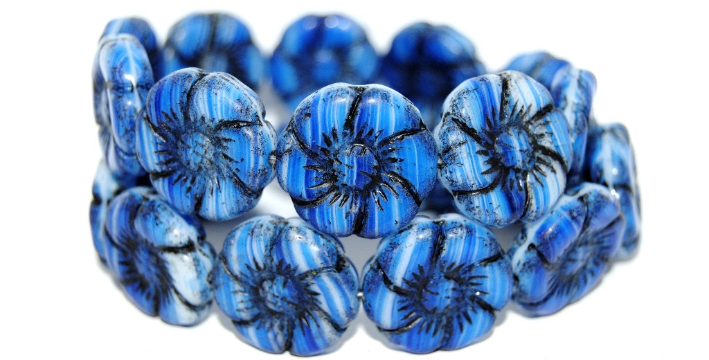 6-Petal Flower Pressed Glass Beads, Opaque White Blue Striped 23202 (35000 23202), Glass, Czech Republic