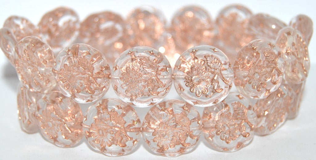 Round Flat With Flower Marguerite Pressed Glass Beads, Crystal 54200 (30 54200), Glass, Czech Republic