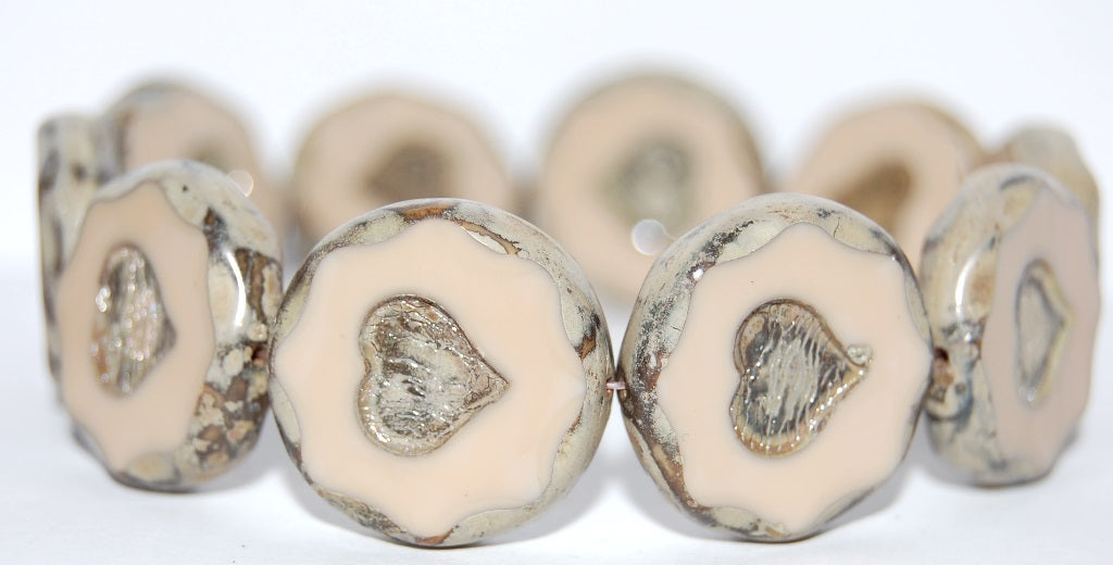 Table Cut Round Beads With Heart, Beige 43400 (13050 43400), Glass, Czech Republic