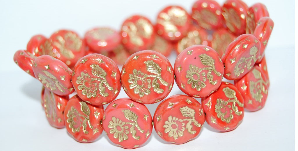 Round Flat With Flower Marguerite Pressed Glass Beads, Red 54202 (93400 54202), Glass, Czech Republic