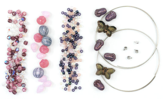 Bracelet making kit with Czech Glass Beads, 2pc Memory wire and crimps for beginners - easy & fast to do (Butterflies Purple Pink)