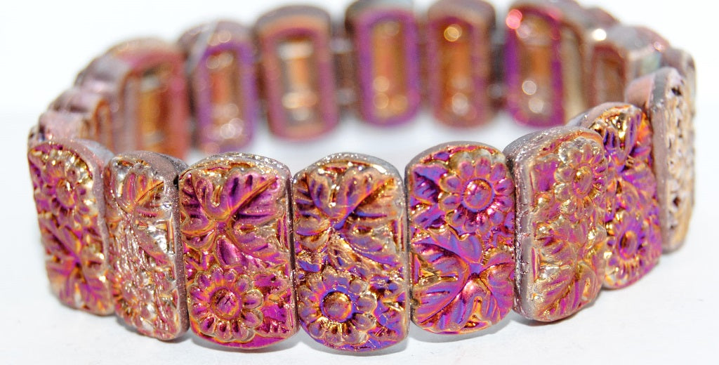 Flat Rectangle 2-Hole Pressed Glass Beads With Flower, White 29500 2Xside (2010 29500 2Xside), Glass, Czech Republic