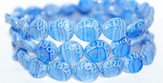 Tear Oval Pressed Glass Beads, Opaque White Blue Striped 54201 (35000 54201), Glass, Czech Republic