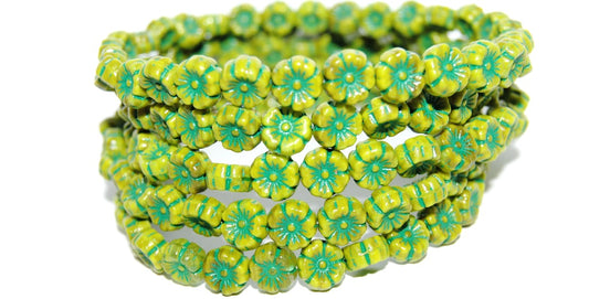 Hawaii Flower Pressed Glass Beads, Opaque Green 46450 (53410 46450), Glass, Czech Republic