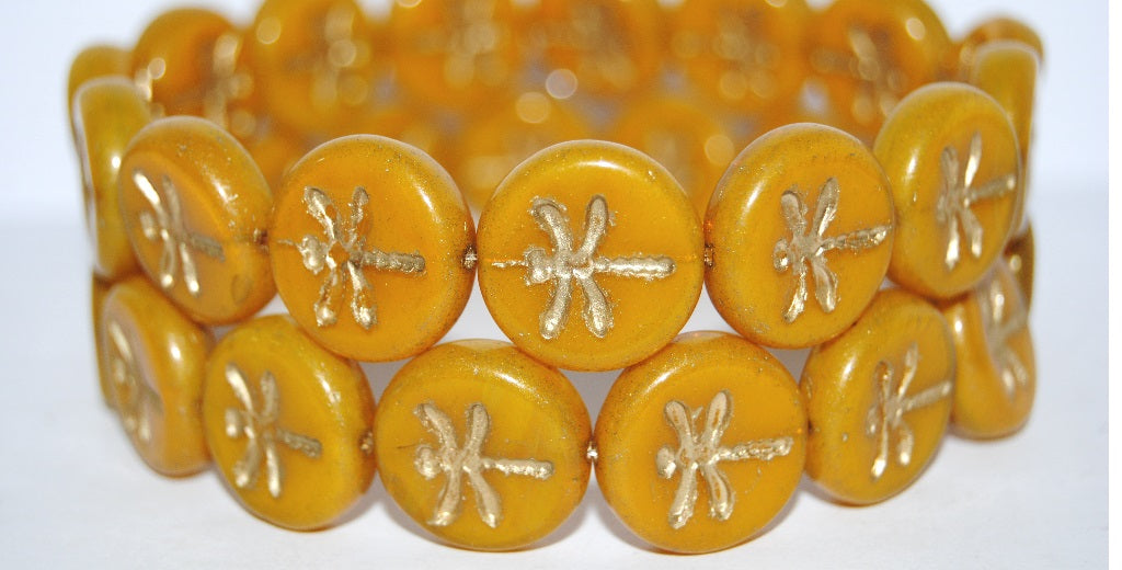 Round Flat Wit Dragonfly Pressed Glass Beads, Opal Yellow 54202 (81210 54202), Glass, Czech Republic