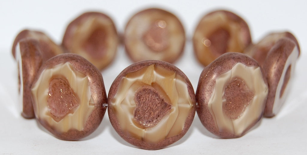 Table Cut Round Beads With Heart, 16007 Bronze (16007 14415), Glass, Czech Republic