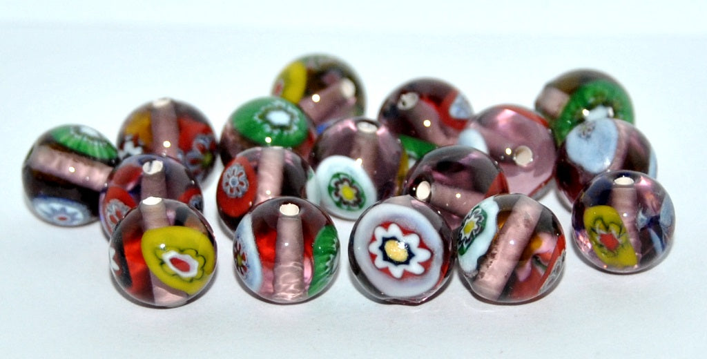 Czech Glass Hand Made Round Lampwork Beads With Flower, (F), Glass, Czech Republic