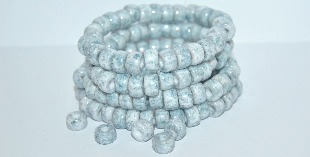 Czech Glass Pressed Big Seed Beads Pony With Big Hole , White Luster Blue Full Coated (2010 14464), Glass, Czech Republic