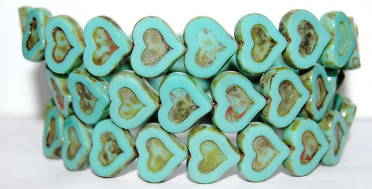 Table Cut Heart Beads With Heart, Turquoise Travertin (63130 86800), Glass, Czech Republic