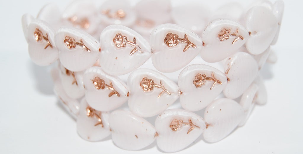 Heart Pressed Glass Beads With Flower, Opaque Pink 54200 (76000 54200), Glass, Czech Republic