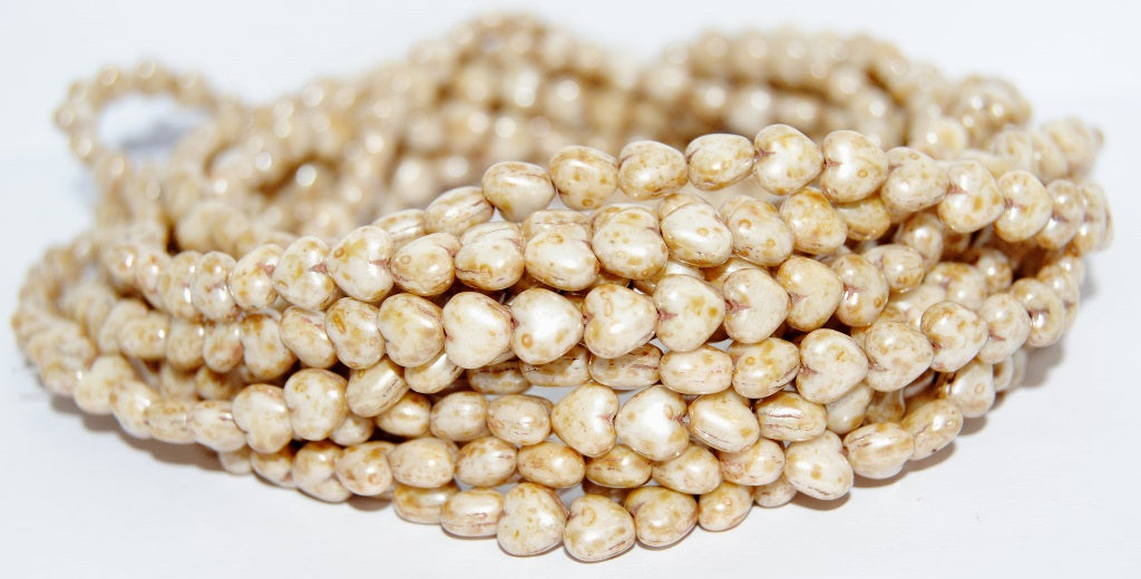 Heart Pressed Glass Beads, White Stain With Luster Amber (2010 65401), Glass, Czech Republic