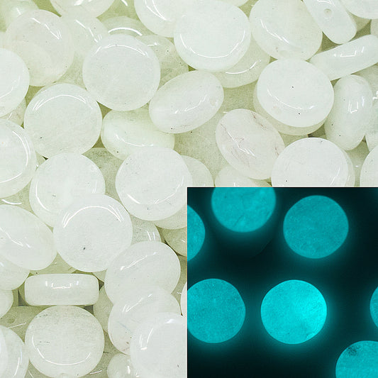 Flat Round Coin 1-hole glass beads, 8mm, Czech Republic, Dirty White - Glow in the Dark Bright Blue