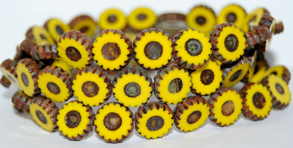 Table Cut Round Flower Beads Daisy, Yellow Travertin (83120 86800), Glass, Czech Republic