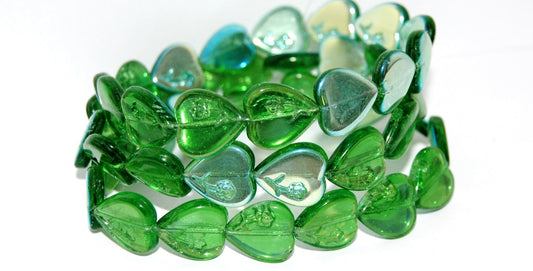 Heart Pressed Glass Beads With Flower, Transparent Green Ab (50130 Ab), Glass, Czech Republic