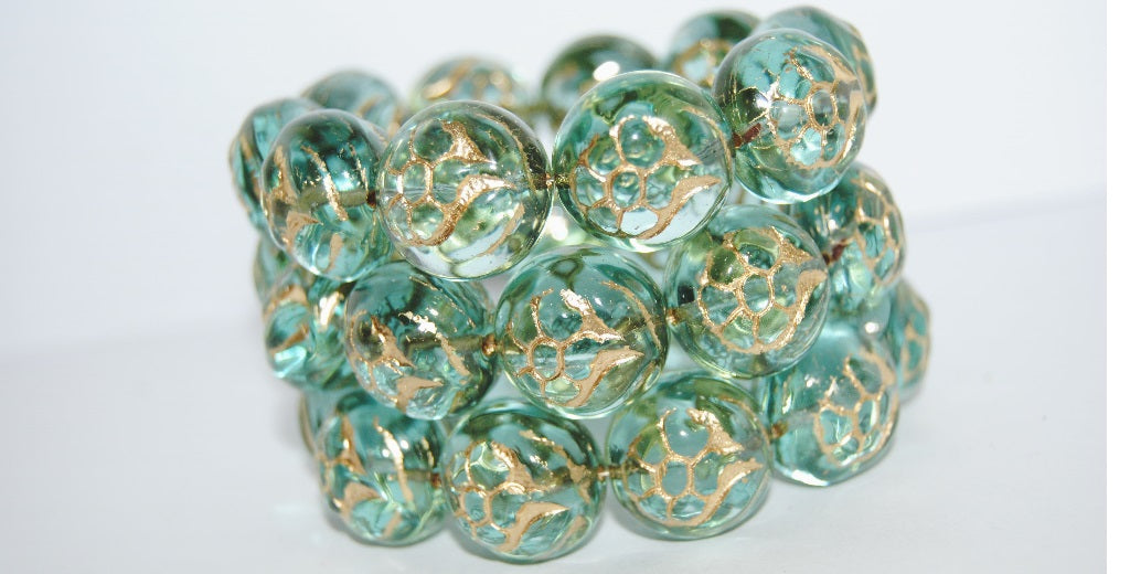 Round With Flower Pressed Glass Beads, Transparent Aqua 54202 (60010 54202), Glass, Czech Republic