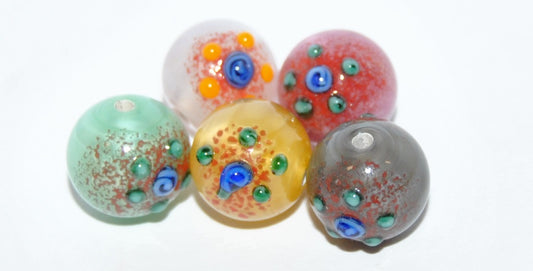 Czech Glass Hand Made Round Lampwork Beads With Flowers, (10 D), Glass, Czech Republic