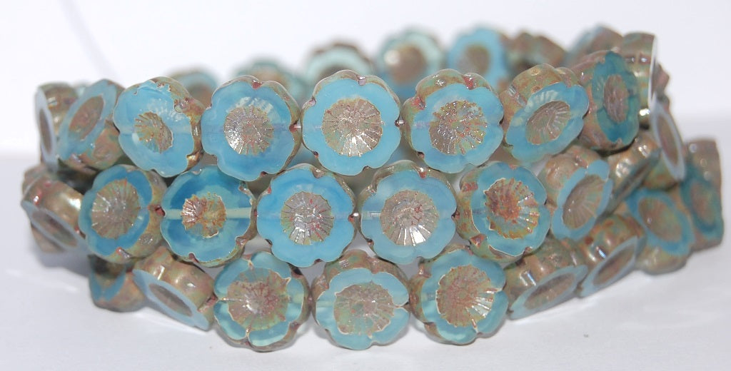 Table Cut Round Beads Hawaii Flowers, Opal Aqua 43400 (61000 43400), Glass, Czech Republic