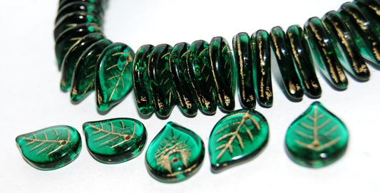 Leaf Pressed Glass Beads, Transparent Green Emerald 54202 (50710 54202), Glass, Czech Republic
