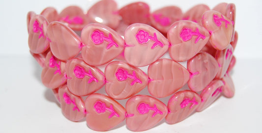 Heart Pressed Glass Beads With Flower, (76027 46470), Glass, Czech Republic