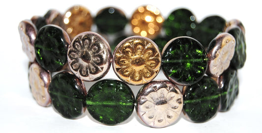 Flat Round With Flower Pressed Glass Beads, Transparent Green Emerald 27101 (50720 27101), Glass, Czech Republic