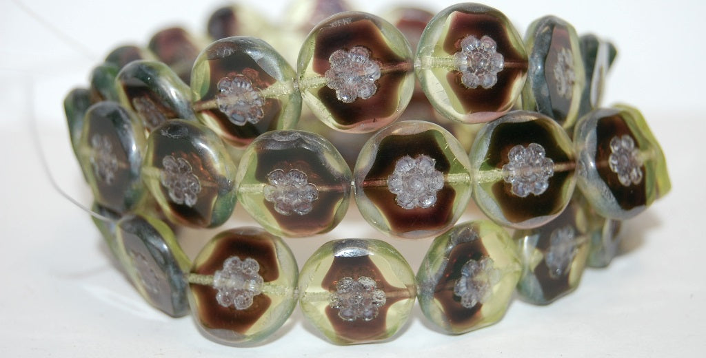 Table Cut Round Beads With Flower, 27501 Luster Cream (27501 14401), Glass, Czech Republic