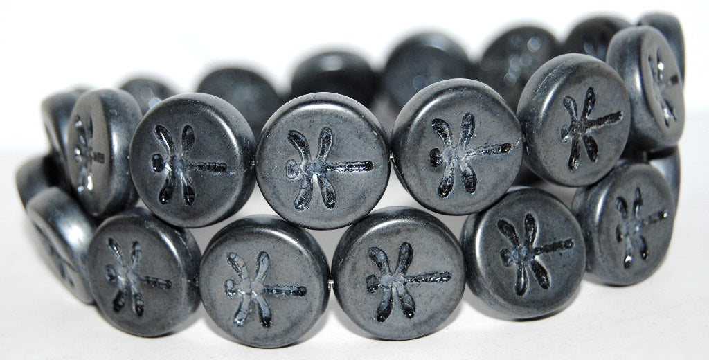 Round Flat Wit Dragonfly Pressed Glass Beads, Black Luster Cream (23980 14401), Glass, Czech Republic