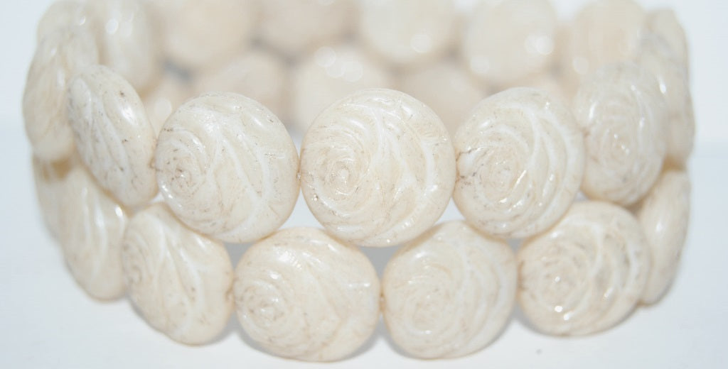 Round Flat Rose Flower Pressed Glass Beads, White Luster Brown Full Coated (2010 14413), Glass, Czech Republic