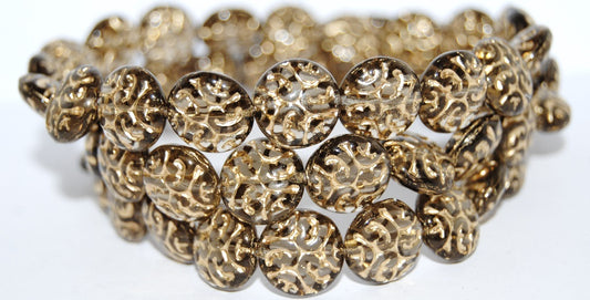 Lentil Round With Ornament Brain Pressed Glass Beads, (40020 54202), Glass, Czech Republic