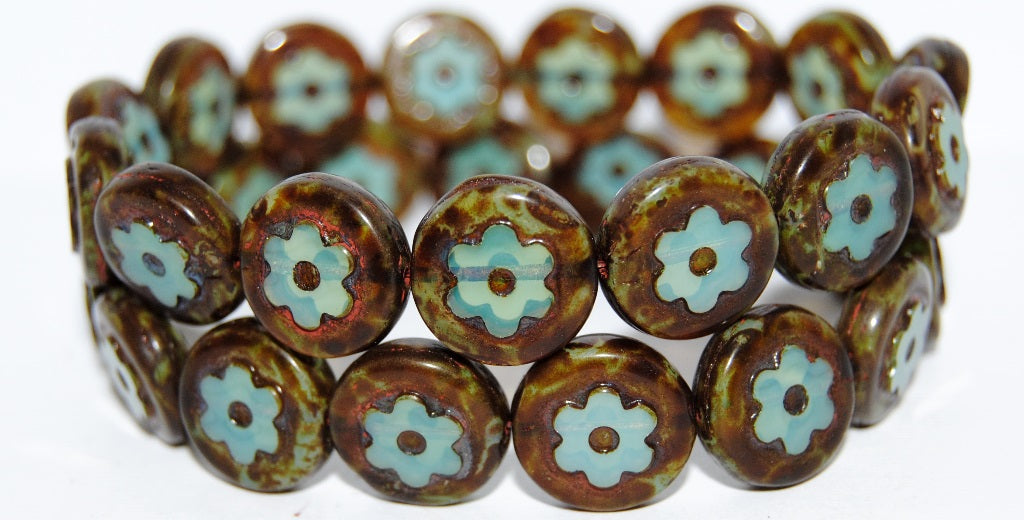 Table Cut Round Beads With Flower, Opal Aqua Travertin (61000 86800), Glass, Czech Republic