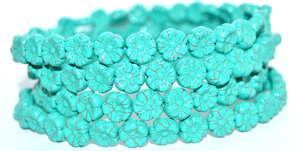 Hawaii Flower Pressed Glass Beads, Ionic Turquoise (Ionic 24614), Glass, Czech Republic