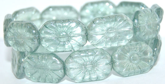 Rounded Rectangle With Flower Pressed Glass Beads, Crystal 14458 (30 14458), Glass, Czech Republic
