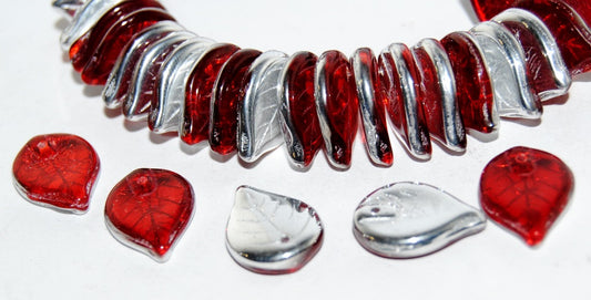 Leaf Pressed Glass Beads, Transparent Red Crystal Silver Half Coating (90060 27001), Glass, Czech Republic