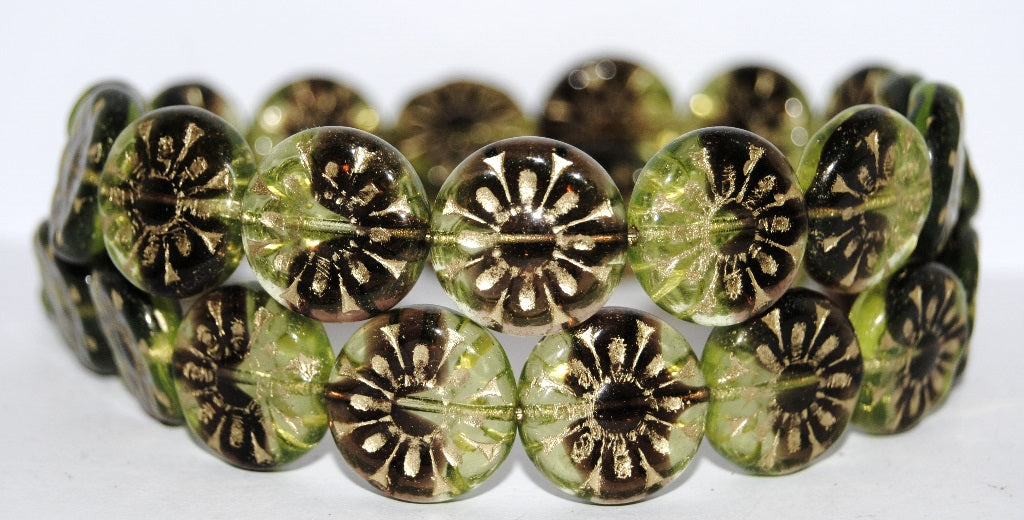 Flat Round With Flower Pressed Glass Beads, (27501 54202), Glass, Czech Republic