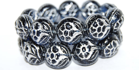 Round With Flower Pressed Glass Beads, Transparent Dark Blue 54201 (30320 54201), Glass, Czech Republic