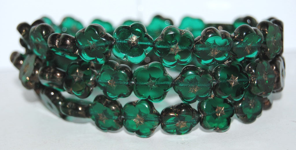 Table Cut Flower Beads, Transparent Green Emerald Luster Red Full Coated (50720 14495), Glass, Czech Republic