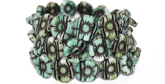 Round Flat Flower Pressed Glass Beads, Green Mixed Colors 23202 (Green Mix 23202), Glass, Czech Republic