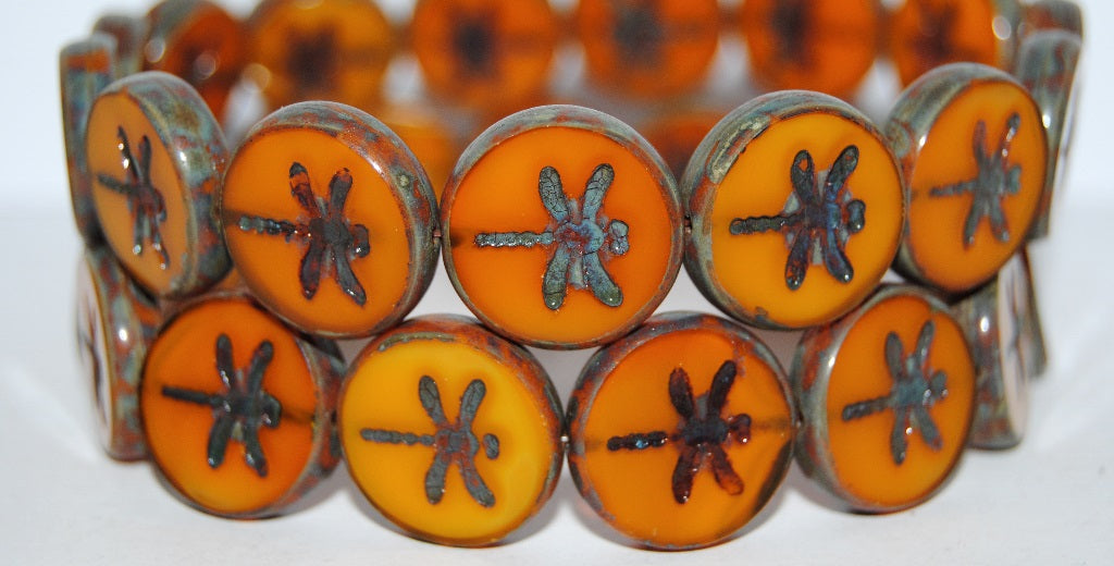 Table Cut Round Beads With Dragonfly, 81260 Travertin (81260 86800), Glass, Czech Republic