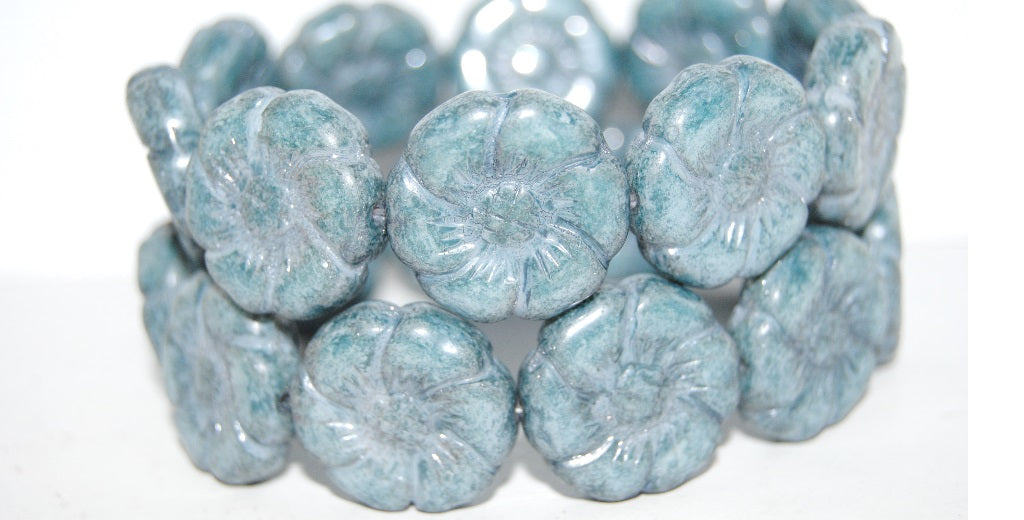 6-Petal Flower Pressed Glass Beads, White Luster Blue Full Coated (2010 14464), Glass, Czech Republic